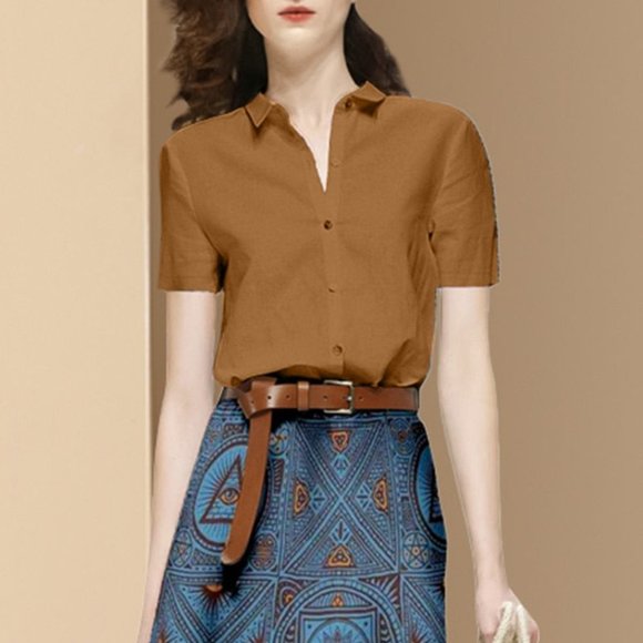 Short Sleeve Solid Color Blouse and Print Midi Skirts Set - Picture 3 of 6